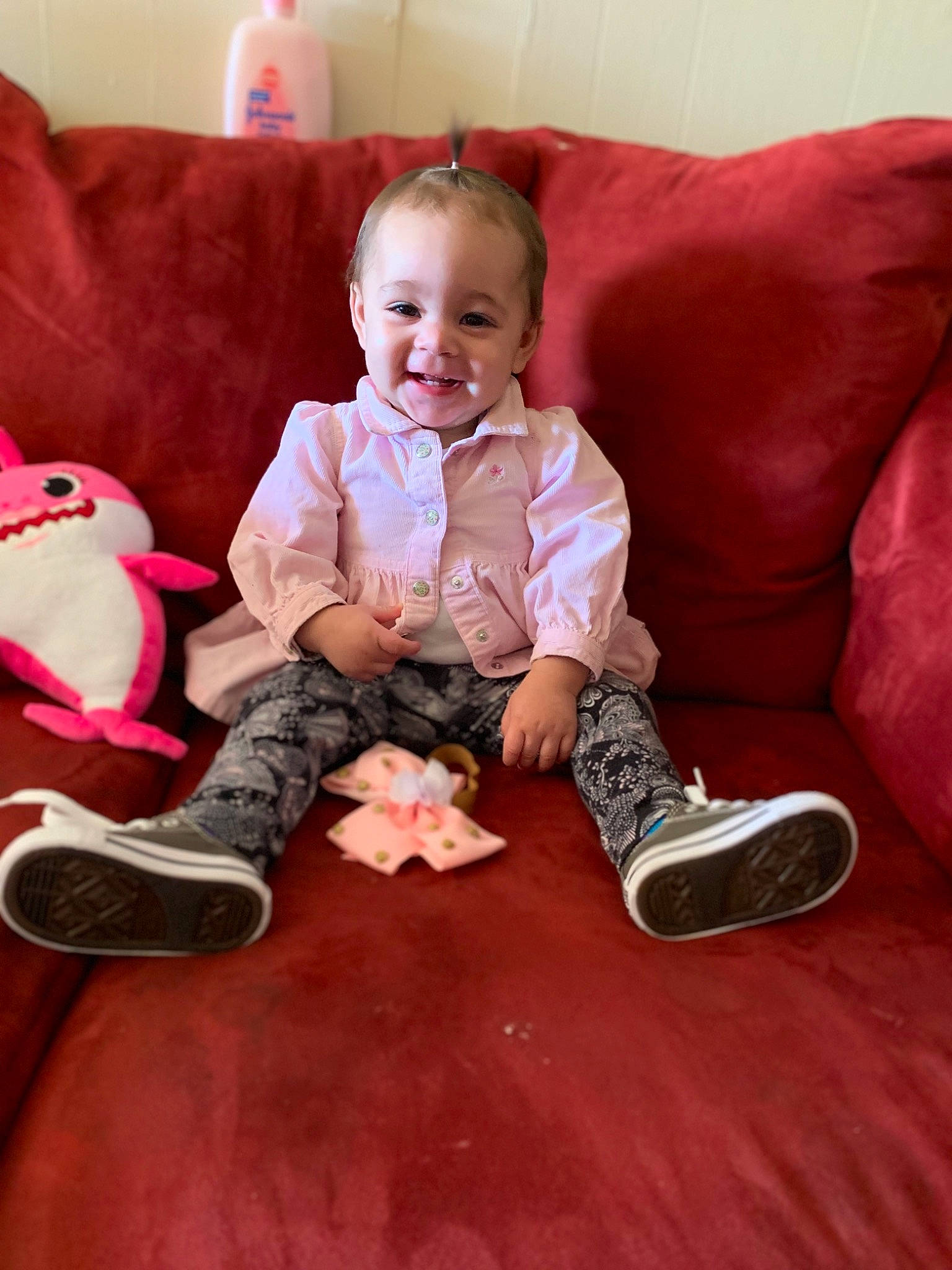 Maisyn joined the competition — help win amazing prizes! baby, cheek, child, finger, floor, flooring, footwear, fun, joy, leg, person, pink, play, room, shoe, sitting, skin, smile, thumb, toddler