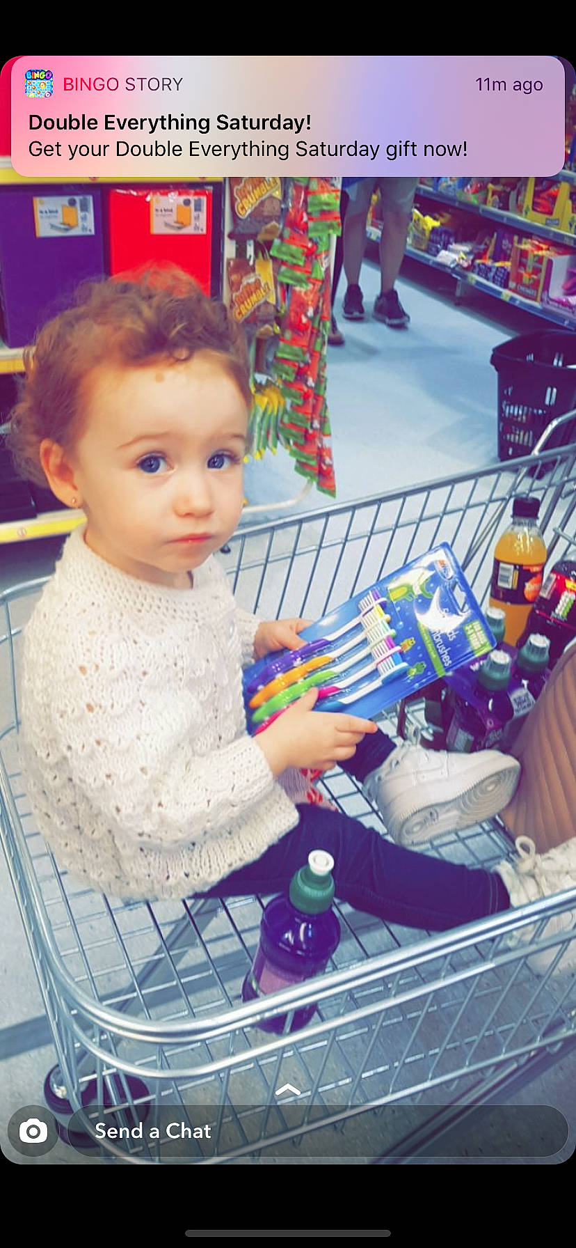 Theadora joined the competition — help win amazing prizes! baby, cart, cheek, child, grocery_store, person, play, room, shopping_cart, supermarket, toddler, toy, vehicle