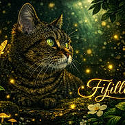 Fifille a rejoint le concours — aidez-le/la à gagner de superbes lots ! cat, tabby, butterfly, fireflies, glowing, forest, mushrooms, flowers, greenery, nature, fantasy, magical, whimsical, glitter, sparkles, animal, closeup, portrait, enchantment, text_overlay