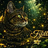 cat, tabby, butterfly, fireflies, glowing, forest, mushrooms, flowers, greenery, nature, fantasy, magical, whimsical, glitter, sparkles, animal, closeup, portrait, enchantment, text_overlay