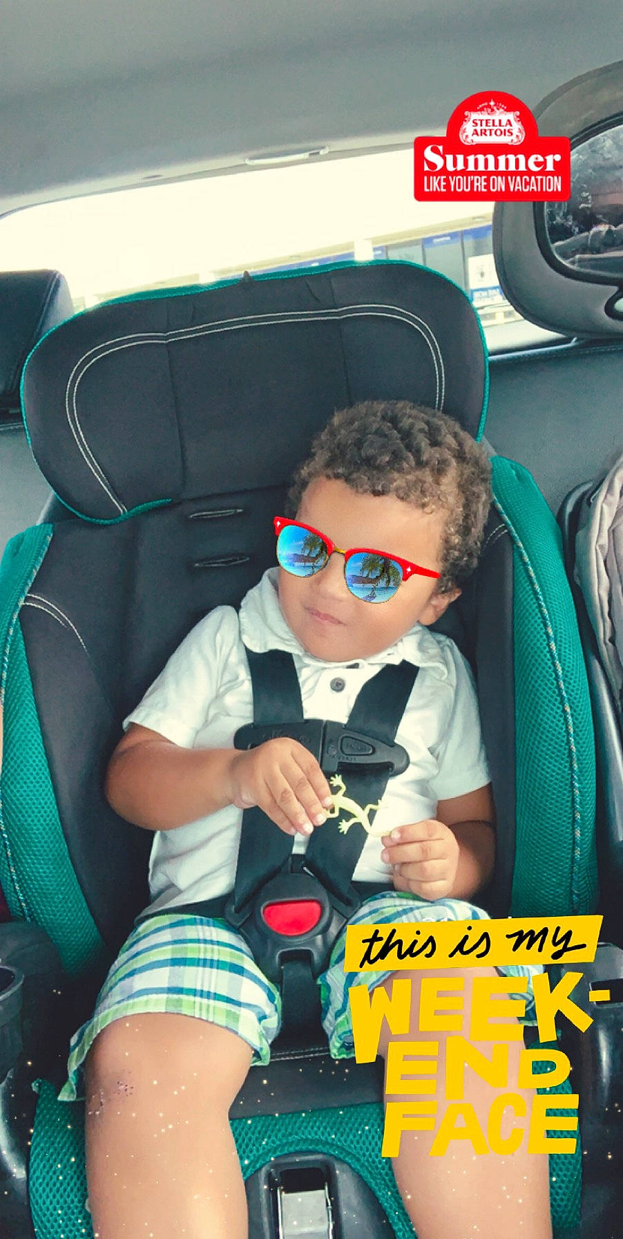 Jeramiah joined the competition — help win amazing prizes! baby_in_car_seat, car_seat, car_seat_cover, cool, eyewear, glasses, person, seat_belt, sunglasses