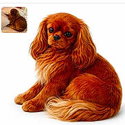 Alba a rejoint le concours — aidez-le/la à gagner de superbes lots ! animal, bed, cozy, cute, dog, ears, fluffy, fur, indoor, inset_image, long_hair, pet, portrait, puppy, reddish_brown, relaxed, sitting, small_dog, tail, white_background