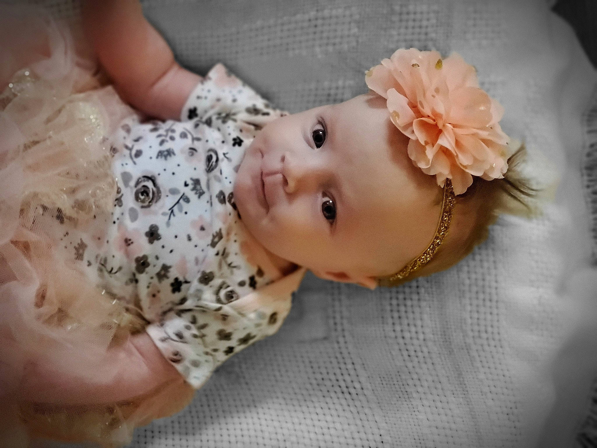 Aspen joined the competition — help win amazing prizes! baby, baby_toddler_clothing, embellishment, eye, eyelash, fashion_accessory, flower, hair_accessory, happy, headband, headpiece, iris, jewellery, lip, pattern, person, petal, pink, skin, sleeve