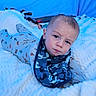baby, bib, blanket, blue, camouflage, child, cowboy, cute, expression, fabric, face, fluffy, indoor, infant, looking_at_camera, lying_down, onesie, portrait, soft, tent