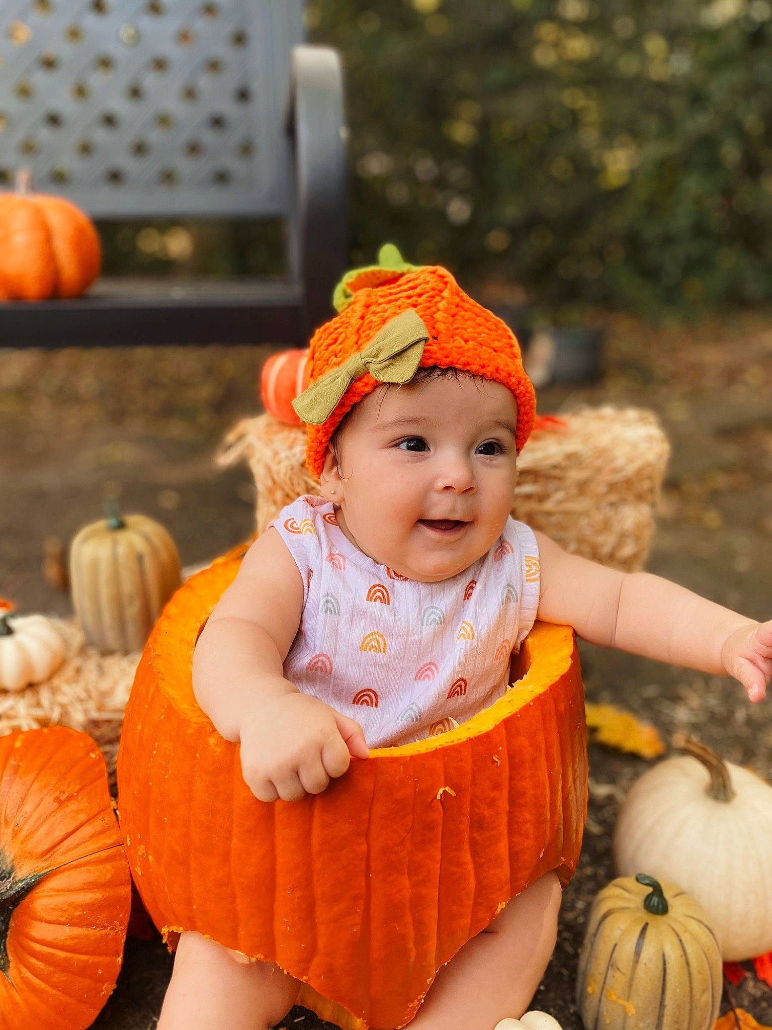 Sienna Rose joined the competition — help win amazing prizes! baby, baby_toddler_clothing, calabaza, cucurbita, dress, eye, face, facial_expression, gourd, grass, happy, head, headwear, human_body, natural_foods, orange, person, plant, pumpkin, squash