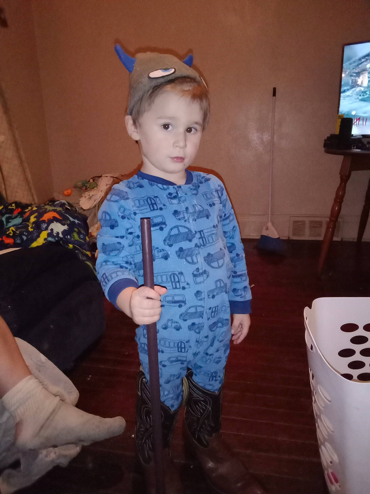 Colin joined the competition — help win amazing prizes! chair, child, costume, display_device, electric_blue, event, eyewear, fashion_accessory, fashion_design, flooring, fun, headband, pattern, person, personal_protective_equipment, room, shoulder, standing, t_shirt, television