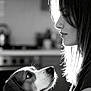 affection, animal, backlighting, black_and_white, calm, closeup, cute, dog, expression, face, hair, human, indoor, intimate, looking, love, pet, portrait, profile, woman