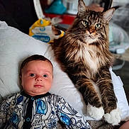 Roman is registered to the contest to win money with this photo: baby, cat, maine_coon, pillow, patterned_clothing, indoor, fluffy, pet, animal, child, cute, lying_down, face, eyes, furniture, cozy, domestic, portrait, mammal, relaxed