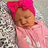 newborn, baby, sleeping, pink, headband, bow, onesie, unicorn, blanket, leopard_print, soft, cozy, portrait, infant, cute, peaceful, closeup, child, resting, clothing