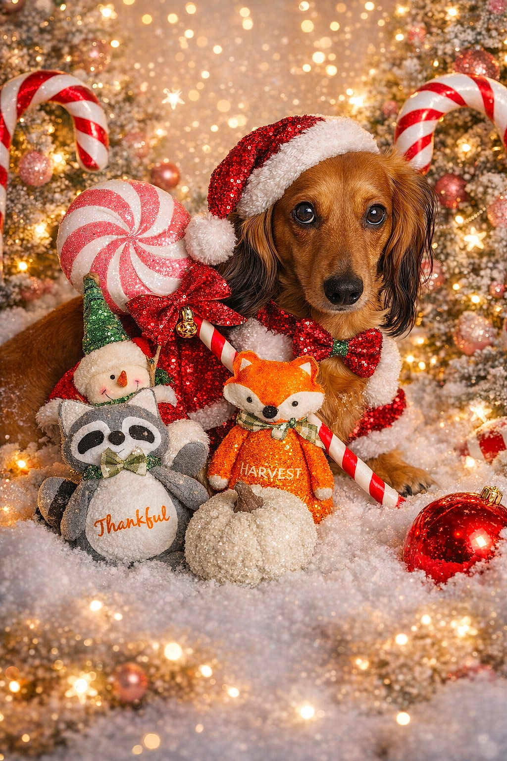 Little Joe is registered to the contest to win money with this photo: dog, dachshund, christmas, holiday, snow, plush_toy, candy_cane, santa_hat, bow_tie, ornament, pumpkin, festive, decorations, glitter, red_bow, stuffed_animal, winter, celebration, cute, background_lights