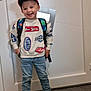 Côme a rejoint le concours — aidez-le/la à gagner de superbes lots ! child, boy, smiling, backpack, cap, sweatshirt, jeans, sneakers, indoor, door, window, standing, happy, casual_clothing, young, person, footwear, fashion, portrait, cute