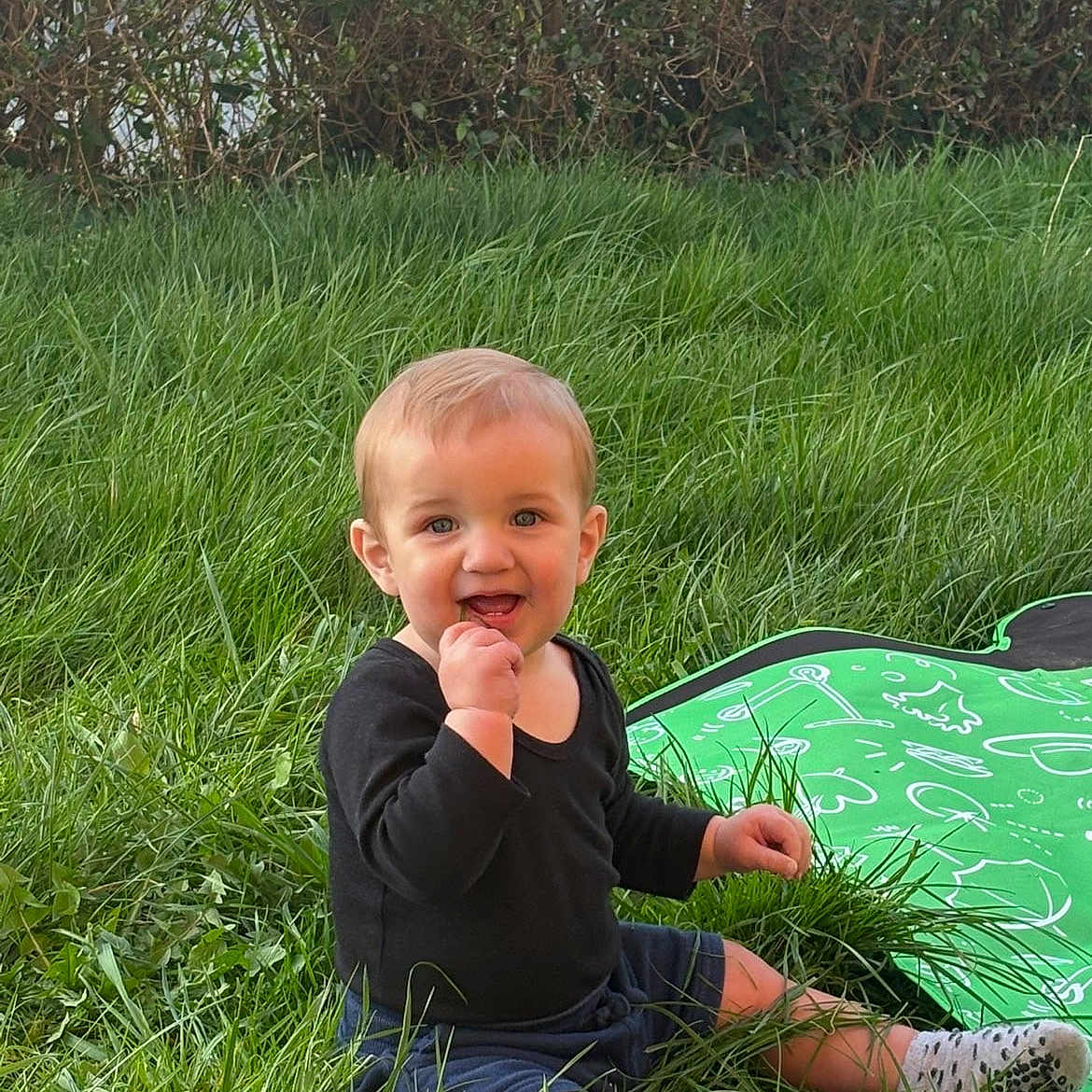 Taylor a rejoint le concours — aidez-le/la à gagner de superbes lots ! baby, black_onesie, child, daylight, eyes, face, grass, green_mat, hands, hedge, lawn, nature, outdoor, playtime, portrait, shorts, sitting, smiling, socks, toddler