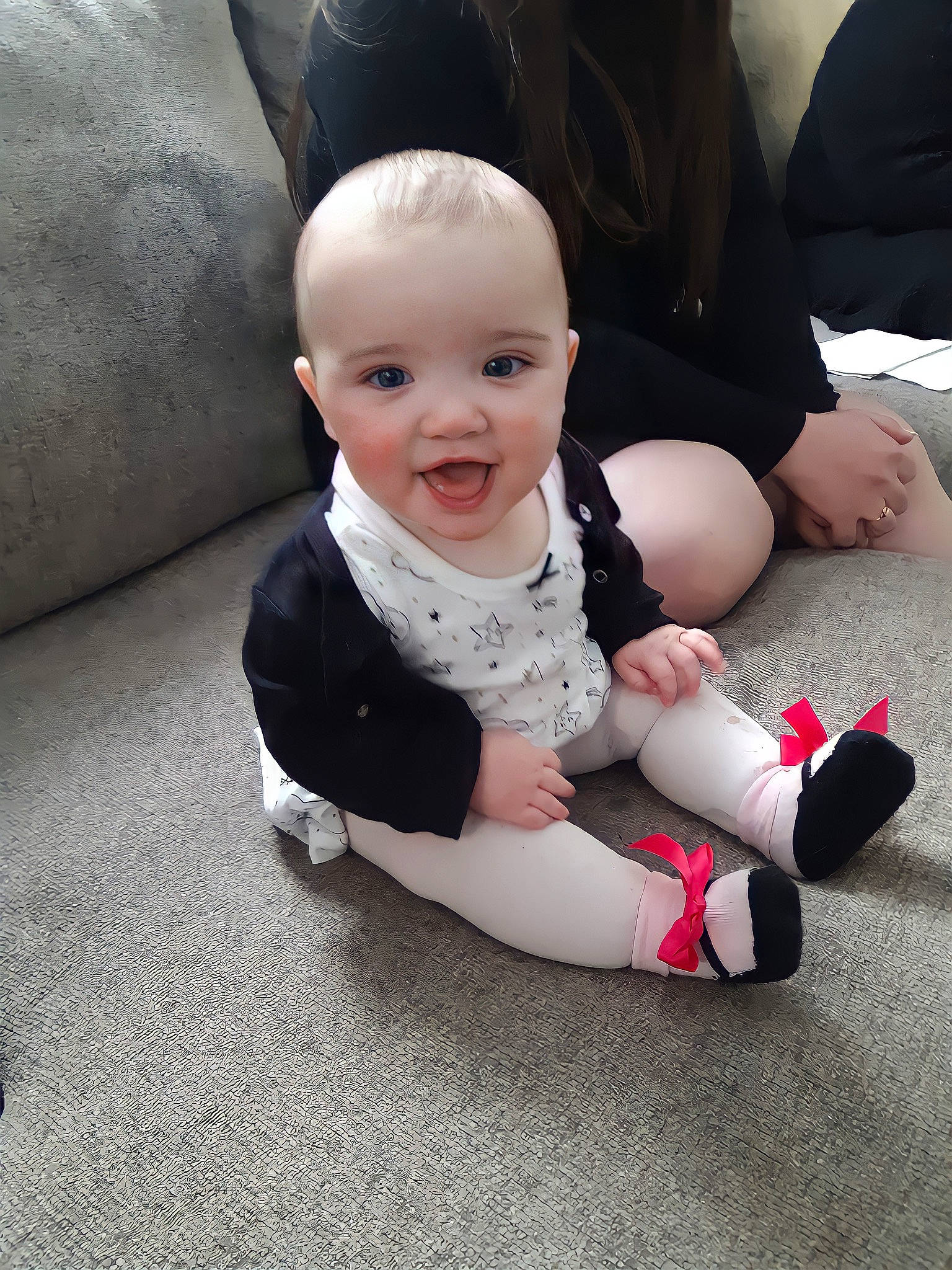 Mila Michele is registered to the contest to win money with this photo: baby, baby_toddler_clothing, carmine, child, comfort, flash_photography, flooring, fun, grass, happy, human_leg, joint, knee, leg, person, sitting, sleeve, smile, sock, t_shirt