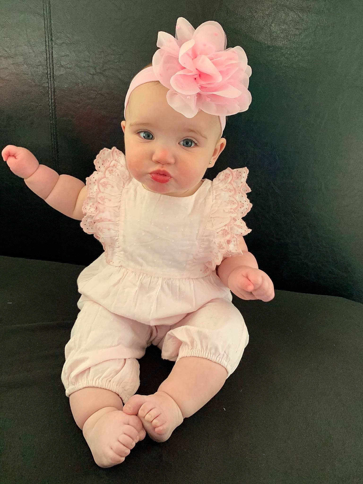 Mila Michele joined the competition — help win amazing prizes! arm, baby, baby_toddler_clothing, cheek, child, dress, embellishment, fashion_accessory, happy, hat, headband, headpiece, headwear, iris, jewellery, lip, person, petal, pink, skin