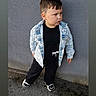 child, boy, standing, denim_jacket, black_clothing, sneakers, gray_wall, outdoor, serious_expression, side_view, concrete_ground, casual_wear, short_hair, young, person, fashion, street_style, portrait, full_body, urban