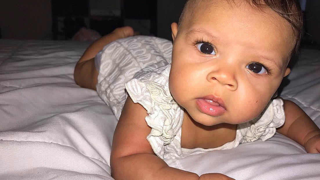 Aryanna is registered to the contest to win money with this photo: baby, cheek, child, chin, eye, face, head, lip, mouth, nose, person, skin, smile, toddler