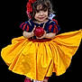 child, toddler, costume, snow_white, dress, yellow_skirt, red_shoes, apple, smile, curly_hair, headband, red_bow, portrait, isolated, studio_style, cute, happy, fairy_tale, young_girl, black_background