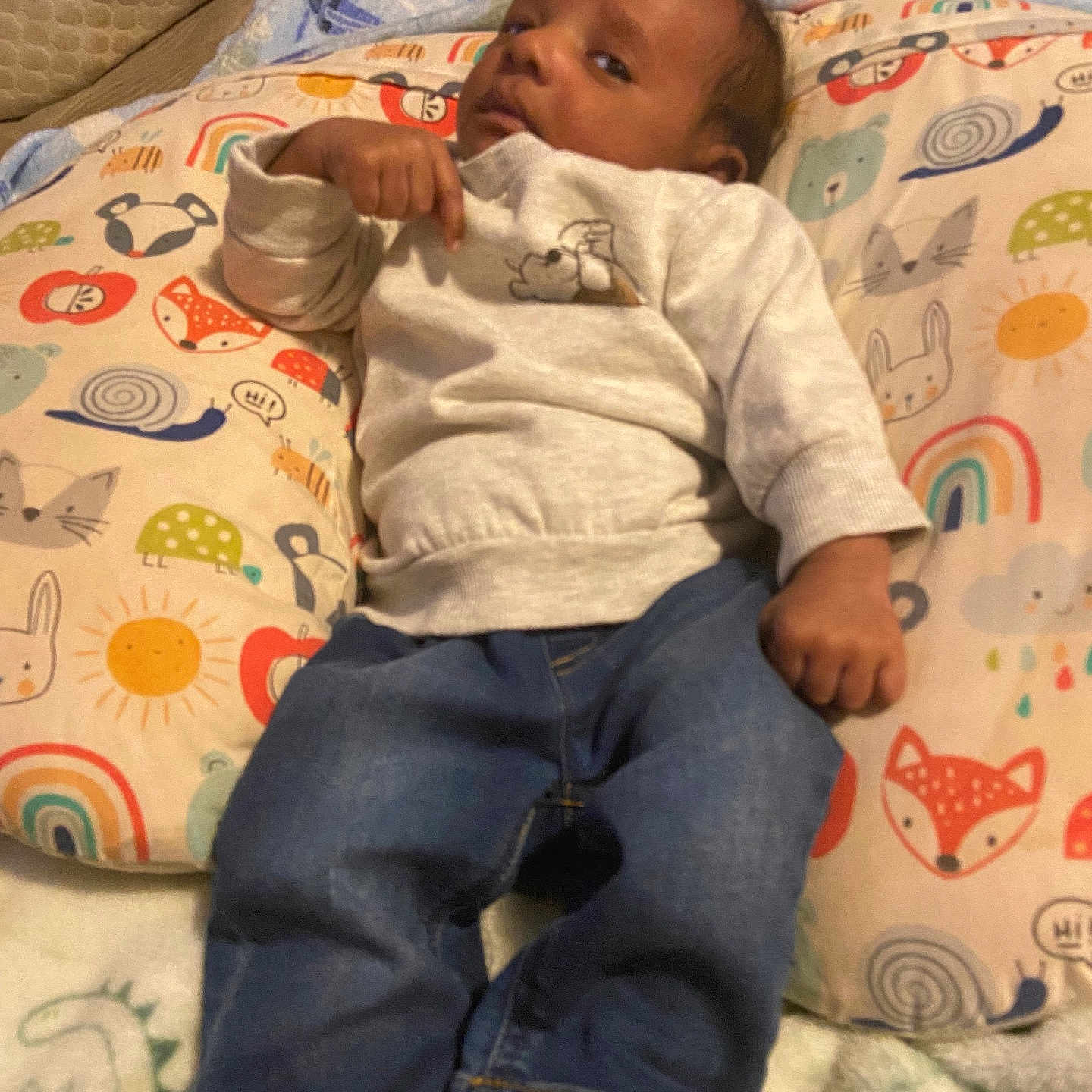 Cameron joined the competition — help win amazing prizes! baby, child, infant, pillow, clothing, sweater, jeans, sock, animal_pattern, cute, indoor, person, face, portrait, relaxed, colorful, comfort, soft, lying_down, cozy