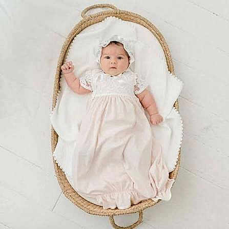 Giana joined the competition — help win amazing prizes! baby, infant, basket, blanket, white_clothing, bonnet, lying_down, indoors, floor, soft_texture, portrait, cute, peaceful, newborn, child, resting, woven_basket, infant_clothing, headwear, looking