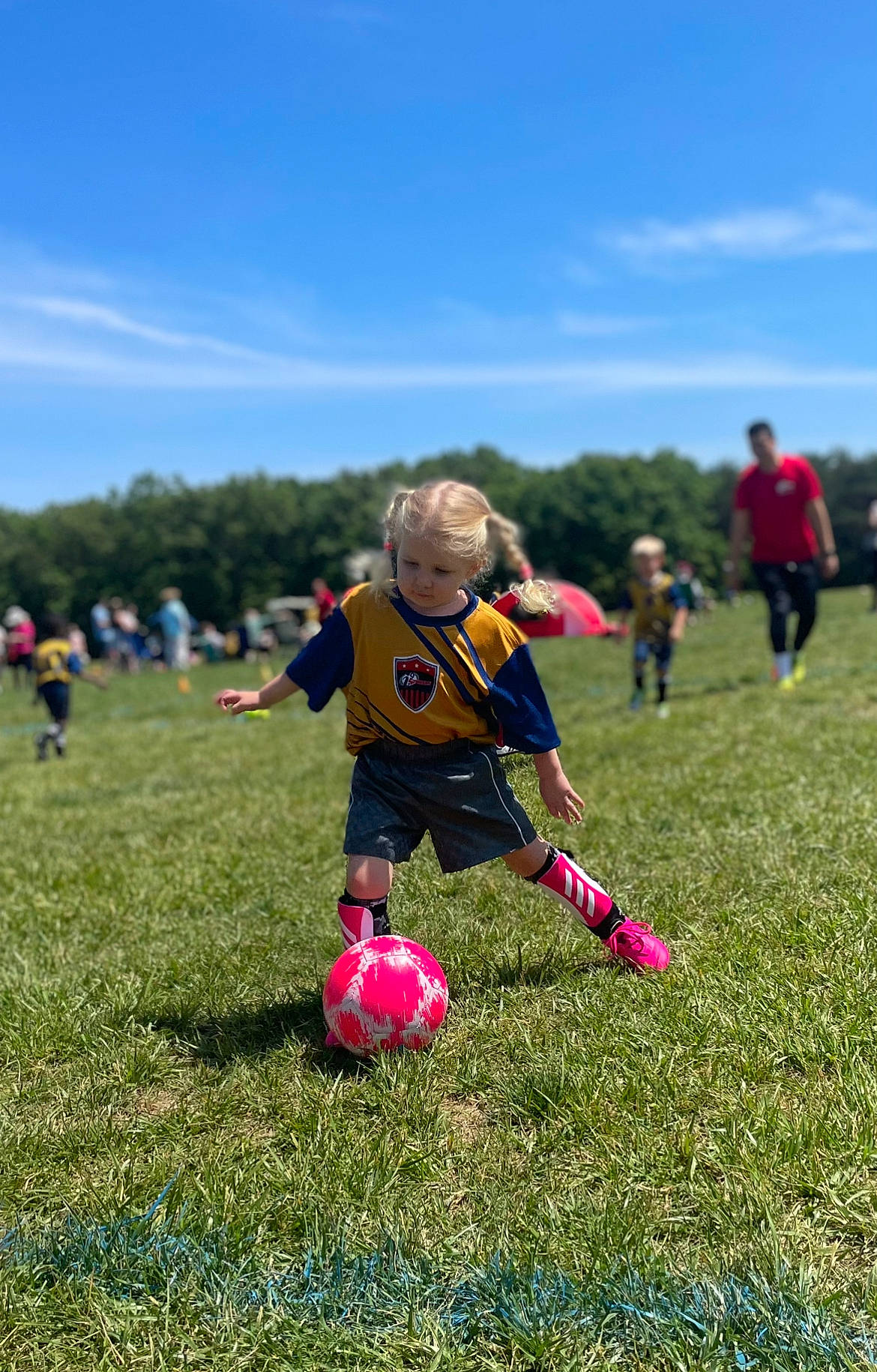 Samantha is registered to the contest to win money with this photo: ball, ball_game, cloud, football, football_player, grass, grassland, leisure, people_in_nature, person, plant, player, playing_sports, sky, soccer, soccer_ball, sports, sports_equipment, team_sport, tournament