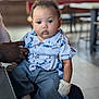 Jedi is registered to the contest to win money with this photo: baby, child, indoor, person, clothing, shirt, pants, hand, face, curly_hair, sitting, pacifier, glove, adult_hand, background_blur, table, chair, floor, window, cute