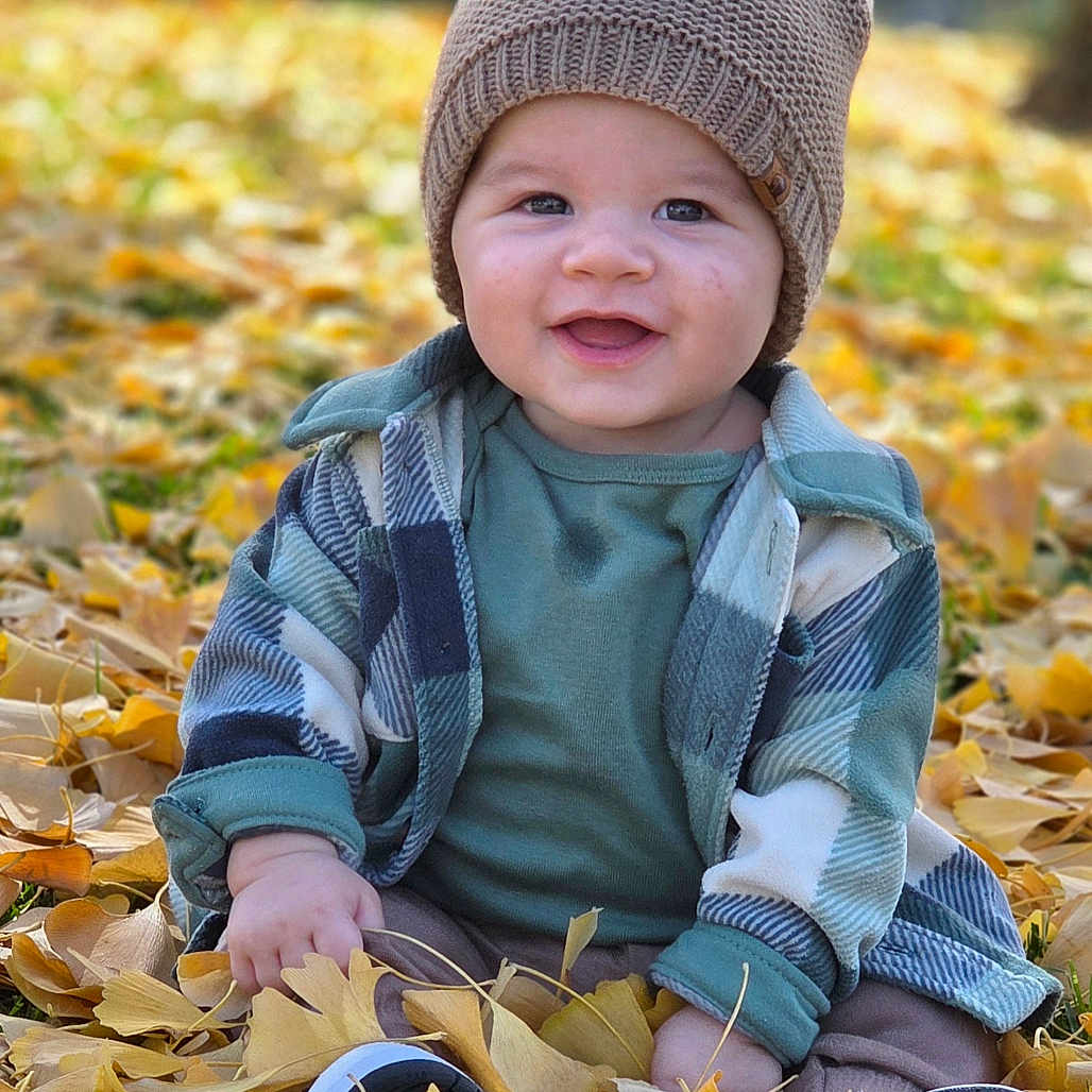 Bernardo is registered to the contest to win money with this photo: autumn, baby, child, cute, fall, footwear, grass, green_shirt, happy, hat, leaves, nature, outdoor, plaid_jacket, portrait, seasonal, sitting, smile, sunlight, young