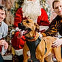 dog, person, smile, christmas, holiday, festive, harness, beard, red_clothing, tree, indoor, celebration, decorations, tongue_out, happy, posing, crouching, male, casual_clothing, background