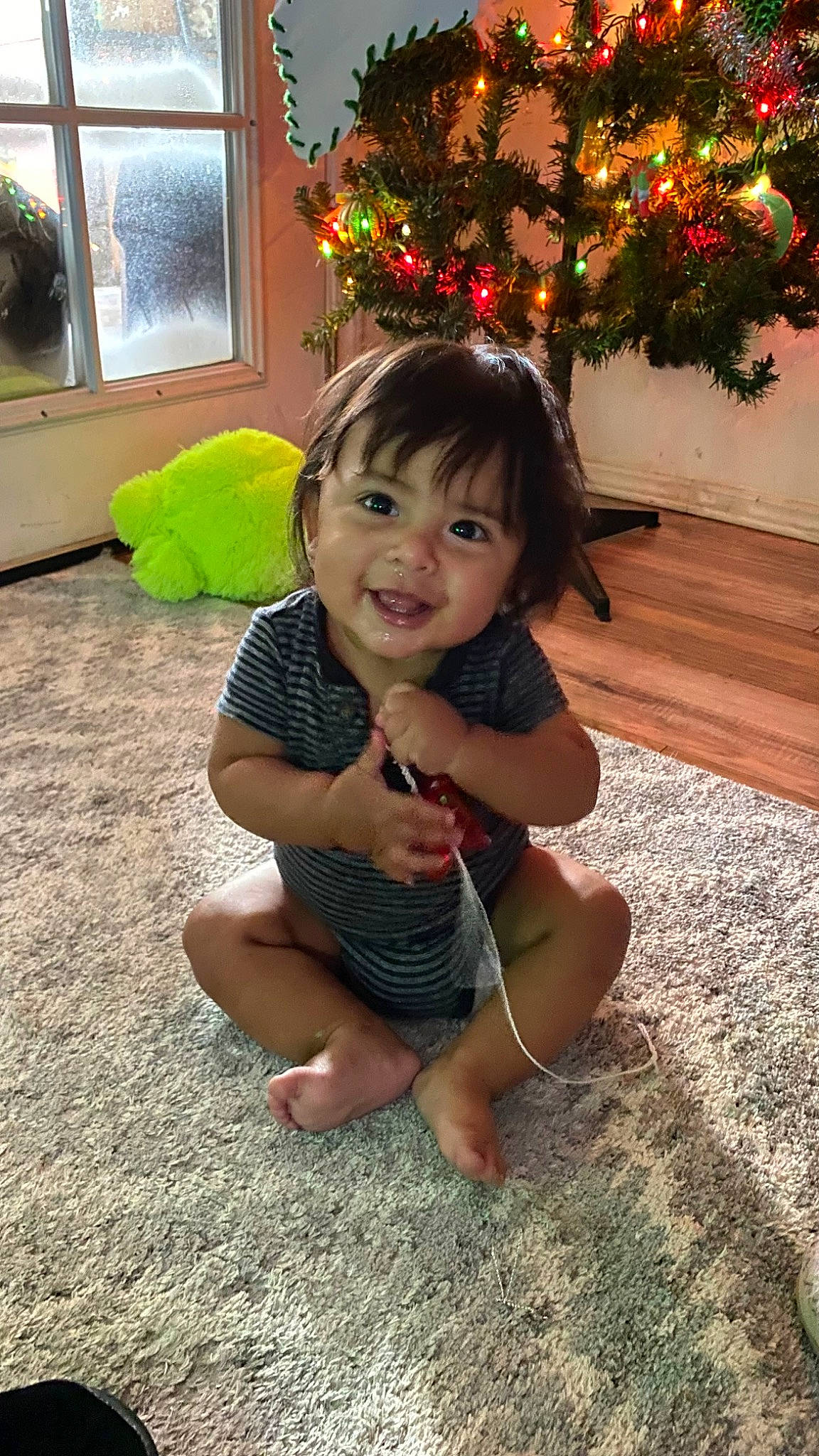 Adam is registered to the contest to win money with this photo: child, christmas_decoration, christmas_ornament, christmas_tree, event, eye, face, floor, flooring, fun, grass, happy, head, holiday_ornament, iris, joy, ornament, person, smile, toddler