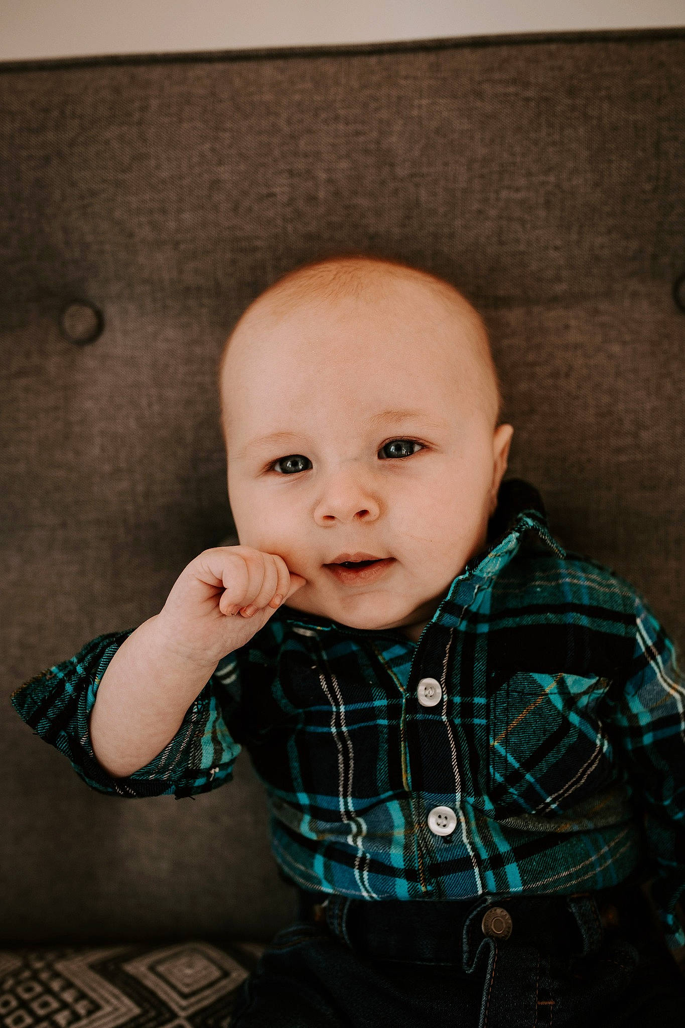Trystin is registered to the contest to win money with this photo: baby, baby_toddler_clothing, cheek, child, collar, dress_shirt, eyelash, flash_photography, happy, lip, outerwear, pattern, person, plaid, sitting, skin, sleeve, smile, tartan, toddler