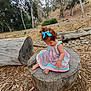 Andrea is registered to the contest to win money with this photo: toddler, child, baby, dress, bow, hair, tree_stump, log, forest, outdoor, nature, leaves, wood, curious, barefoot, play, exploration, summer, daylight, casual