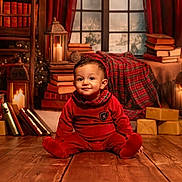 Zyan a rejoint le concours — aidez-le/la à gagner de superbes lots ! baby, child, red_clothing, pajamas, wooden_floor, books, candles, wrapped_presents, plaid_blanket, window, curtains, indoors, holiday_theme, smiling, sitting, portrait, cozy, warm_lighting, decor, festive