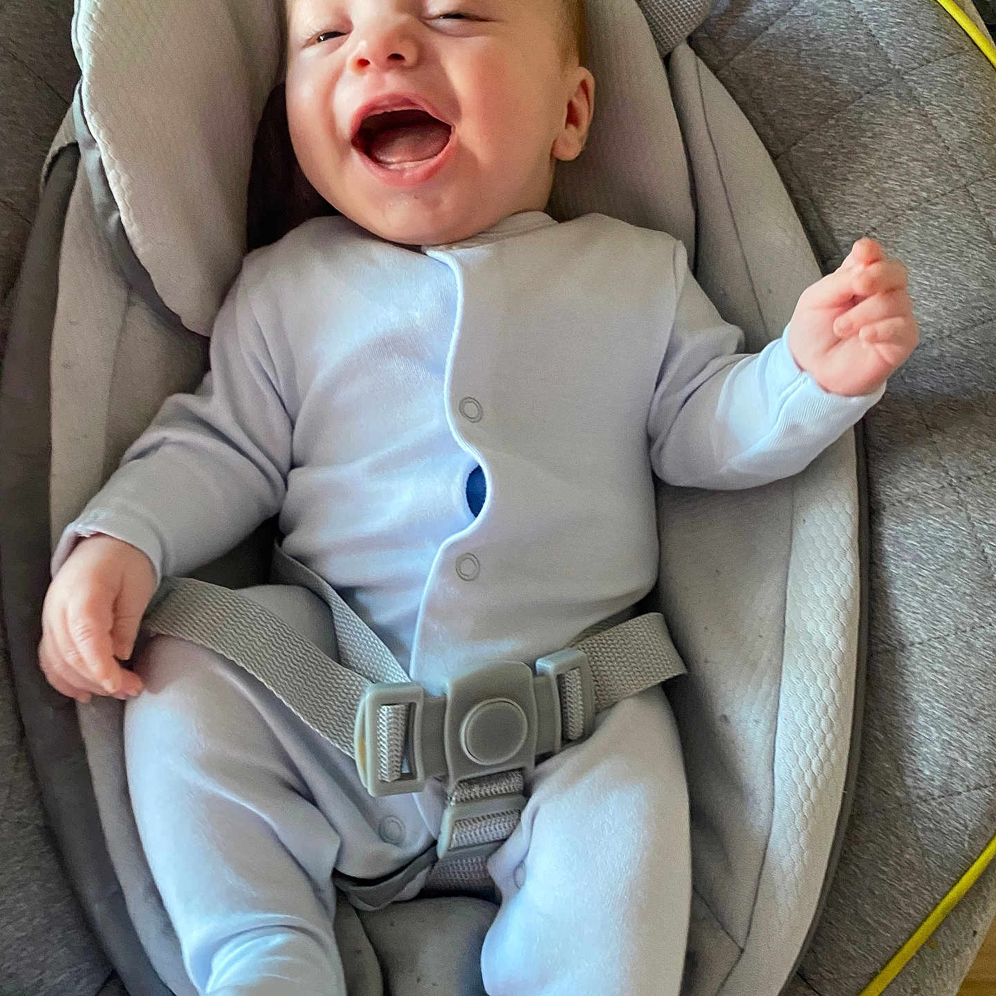Andrew Junior is registered to the contest to win money with this photo: baby, baby_boy, baby_seat, child, clothing, comfort, cute, happy, head_support, indoor, infant, joyful, laughing, newborn, onesie, padded, person, seat, smiling, straps