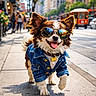 Voyou a rejoint le concours — aidez-le/la à gagner de superbes lots ! dog, small_dog, sunglasses, denim_jacket, sidewalk, city, urban, street, sunny, happy, walking, pet, canine, fashion, cool, daytime, reflection, buildings, people, traffic