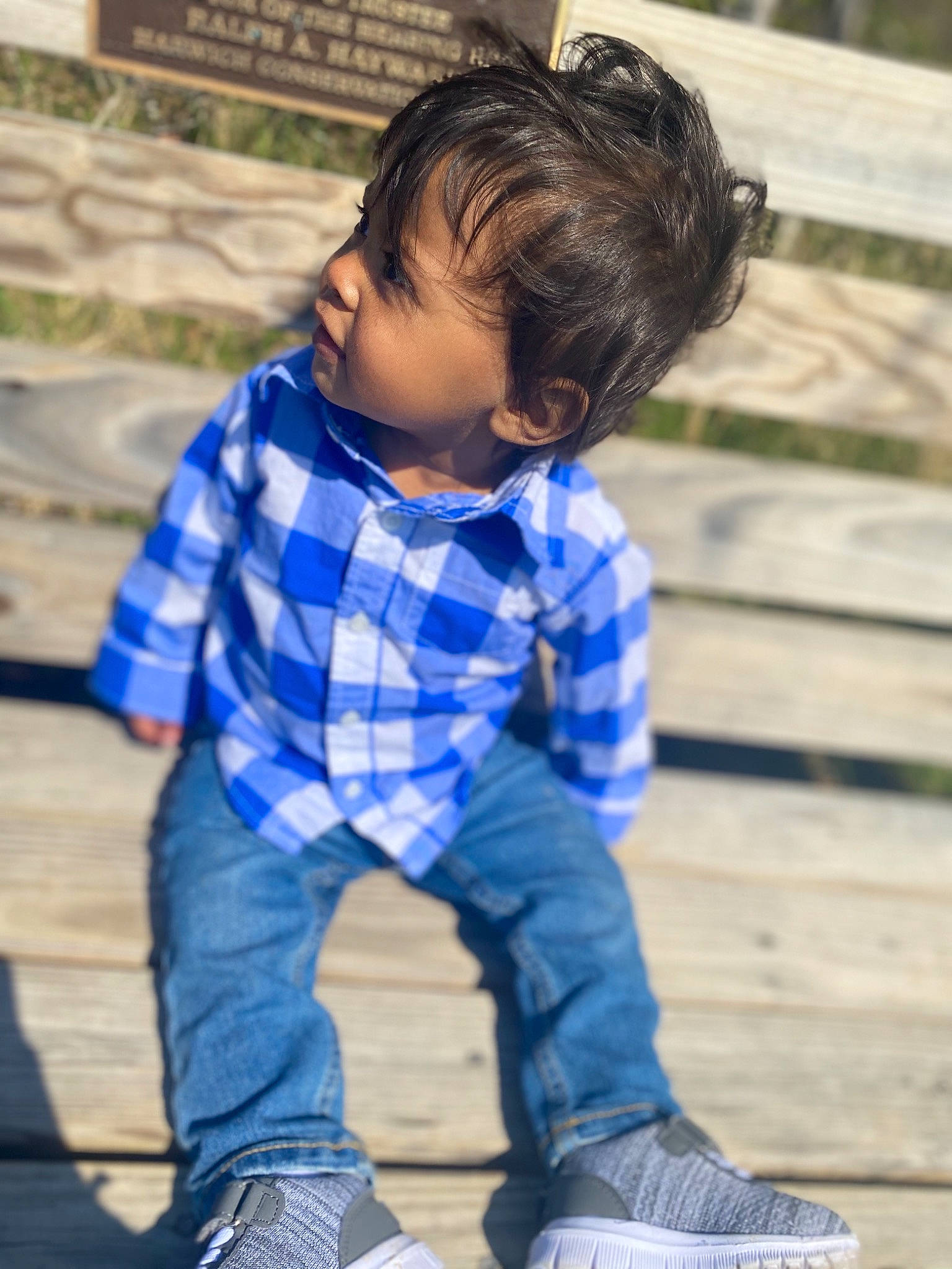 Jayden joined the competition — help win amazing prizes! baby_toddler_clothing, clothing, cool, denim, flooring, happy, head, jeans, leg, outerwear, person, plaid, shoe, sleeve, sneakers, standing, street_fashion, tartan, textile, toddler