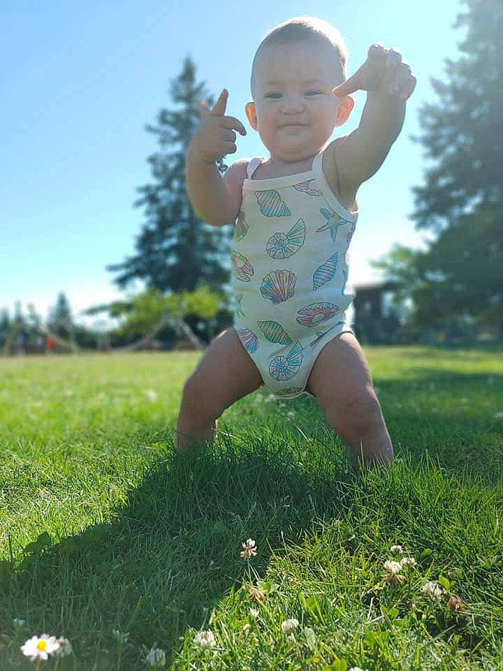 Sandra joined the competition — help win amazing prizes! arm, baby, baby_toddler_clothing, eye, face, flower, gesture, grass, hand, happy, head, joy, light, natural_environment, nature, people_in_nature, person, plant, sky, smile