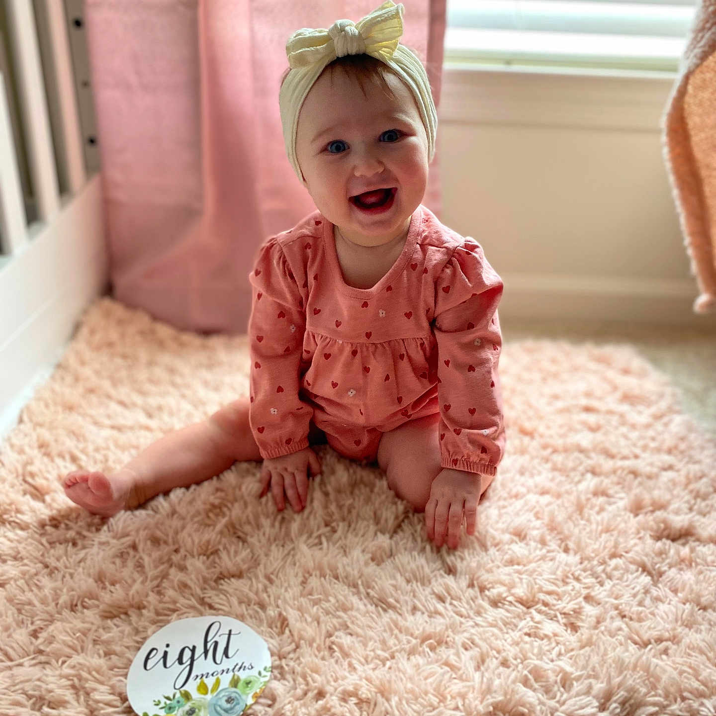 Mabel joined the competition — help win amazing prizes! accessories, architecture, baby, babylaughing, bathroom, bed, bedroom, blanket, blonde, bonnet, building, cap, clothing, costume, crawling, crib, cushion, diaper, door, dress