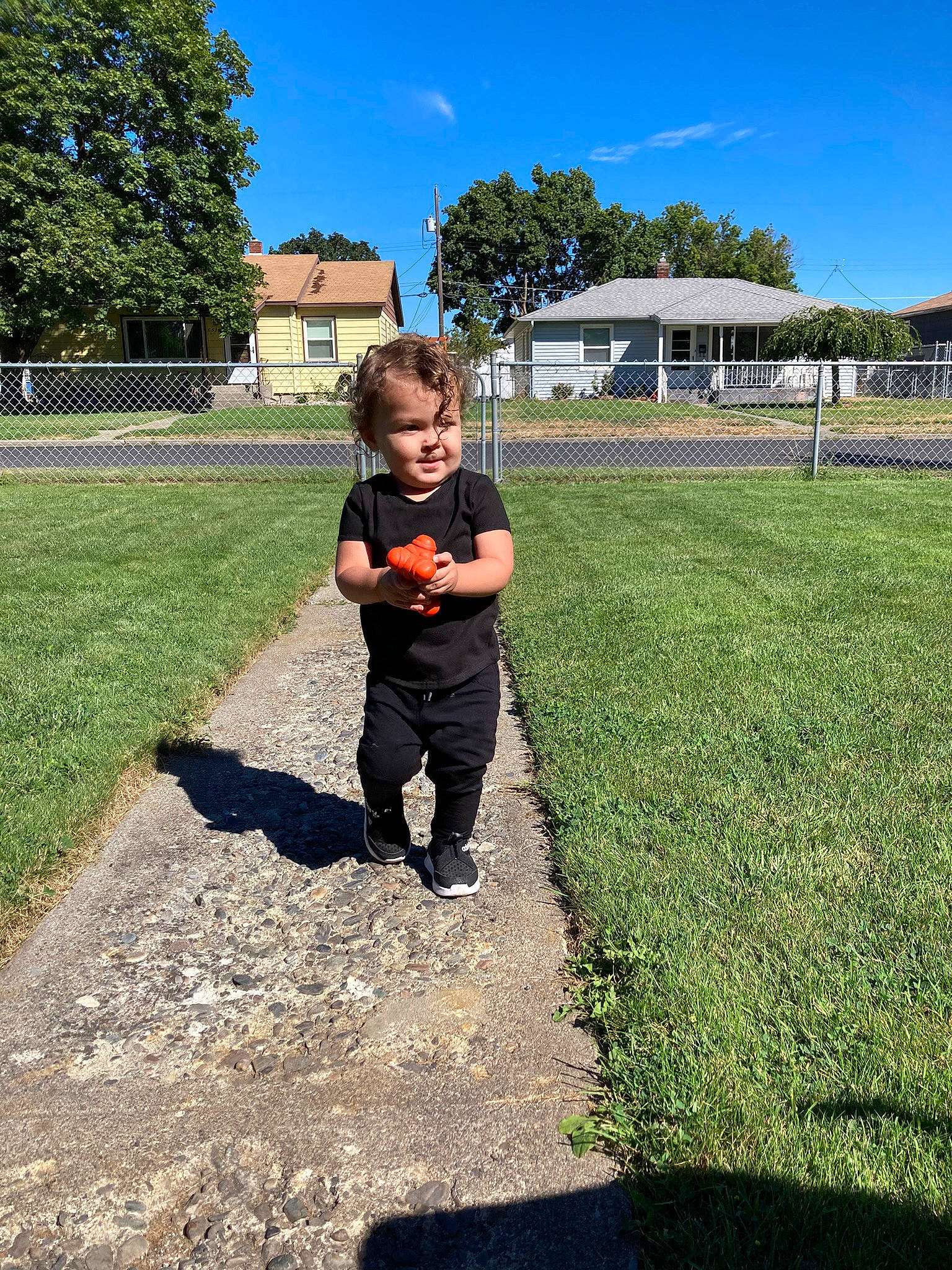 Gavonni is registered to the contest to win money with this photo: asphalt, fun, grass, grass_family, grassland, land_lot, landscape, lawn, leaf, leisure, people_in_nature, person, plain, plant, recreation, road_surface, rural_area, sidewalk, sky, toddler