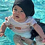 baby, child, pool, water, swimming, infant, black_cap, tiger_print, cute, curious, sunlight, reflection, adult_hand, summer, outdoor, person, splash, skin, water_texture, support
