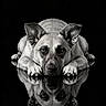 Stormy is registered to the contest to win money with this photo: dog, canine, pet, animal, portrait, black_and_white, monochrome, reflection, glossy_floor, studio, dramatic_lighting, symmetry, lying_down, front_view, paws, ears, nose, dark_background, watermark, digital_art