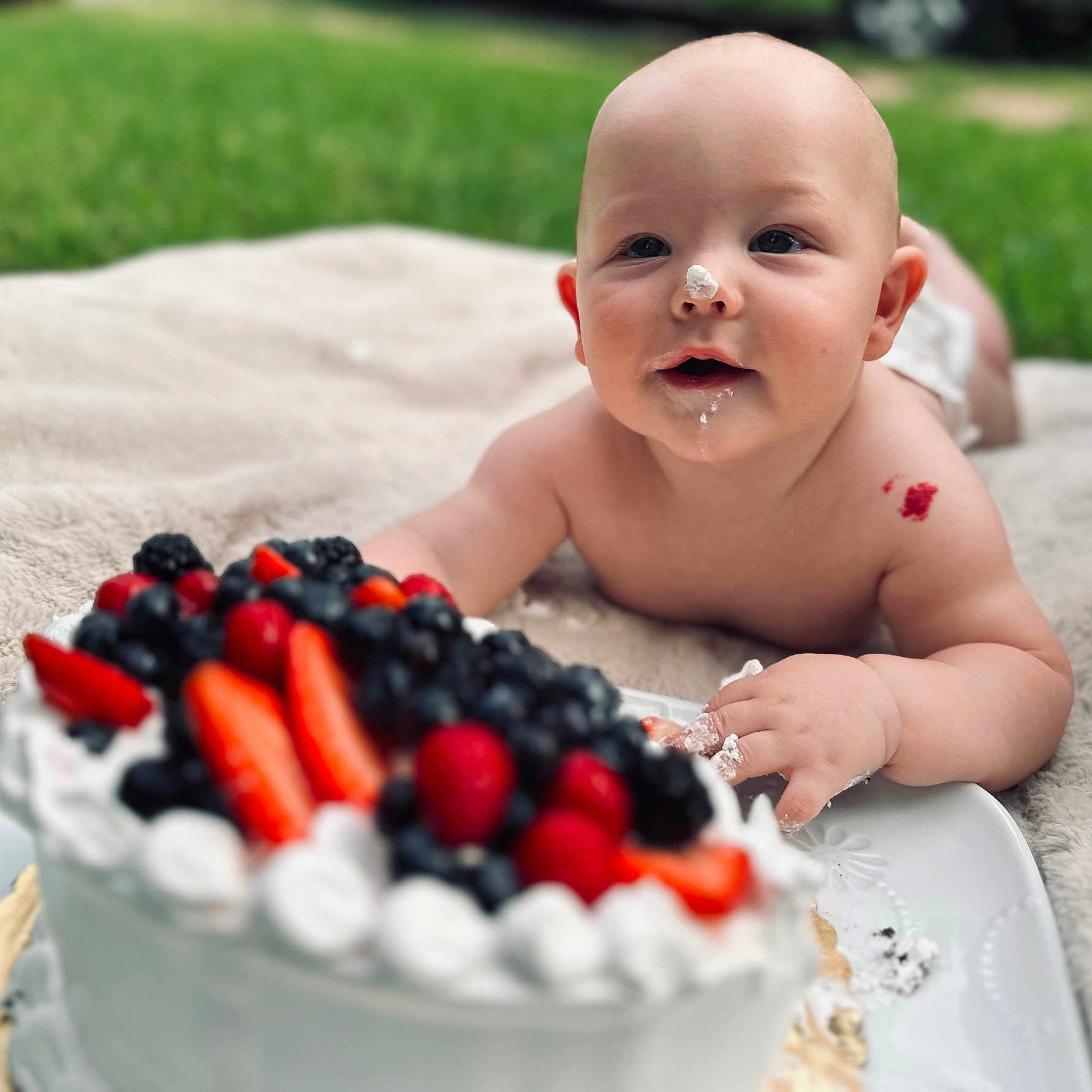 Rían is registered to the contest to win money with this photo: baby, berry, birthdaycake, blueberry, cake, cream, dessert, face, food, fruit, grass, head, icing, people, person, photography, plant, portrait, produce, sitting