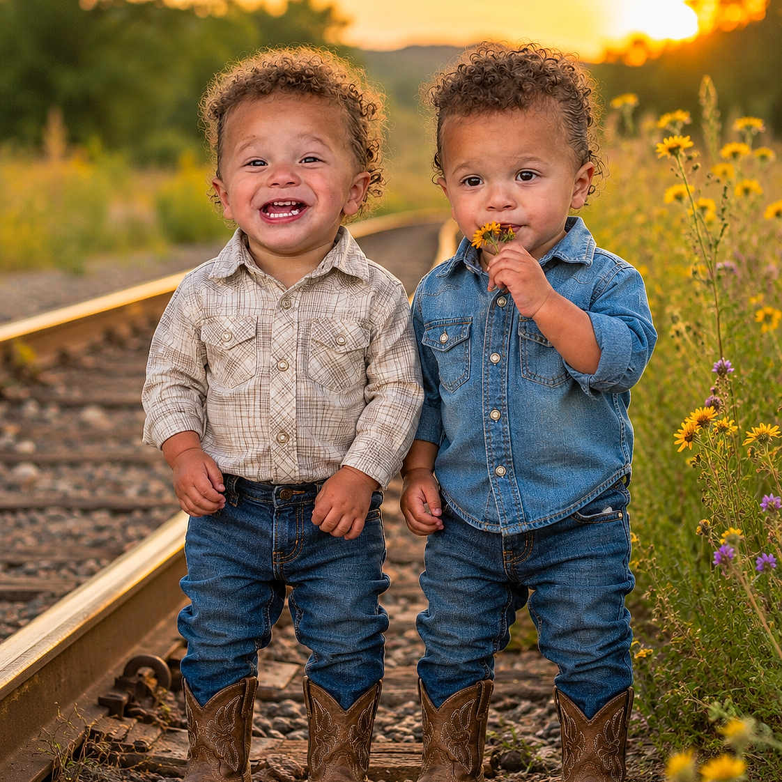 Rhyli Redmond is registered to the contest to win money with this photo: toddler, child, curly_hair, cowboy_boots, denim_shirt, plaid_shirt, railroad_tracks, wildflowers, sunset, outdoor, grass, flower, smiling, nature, portrait, two_children, cute, happy, standing, field