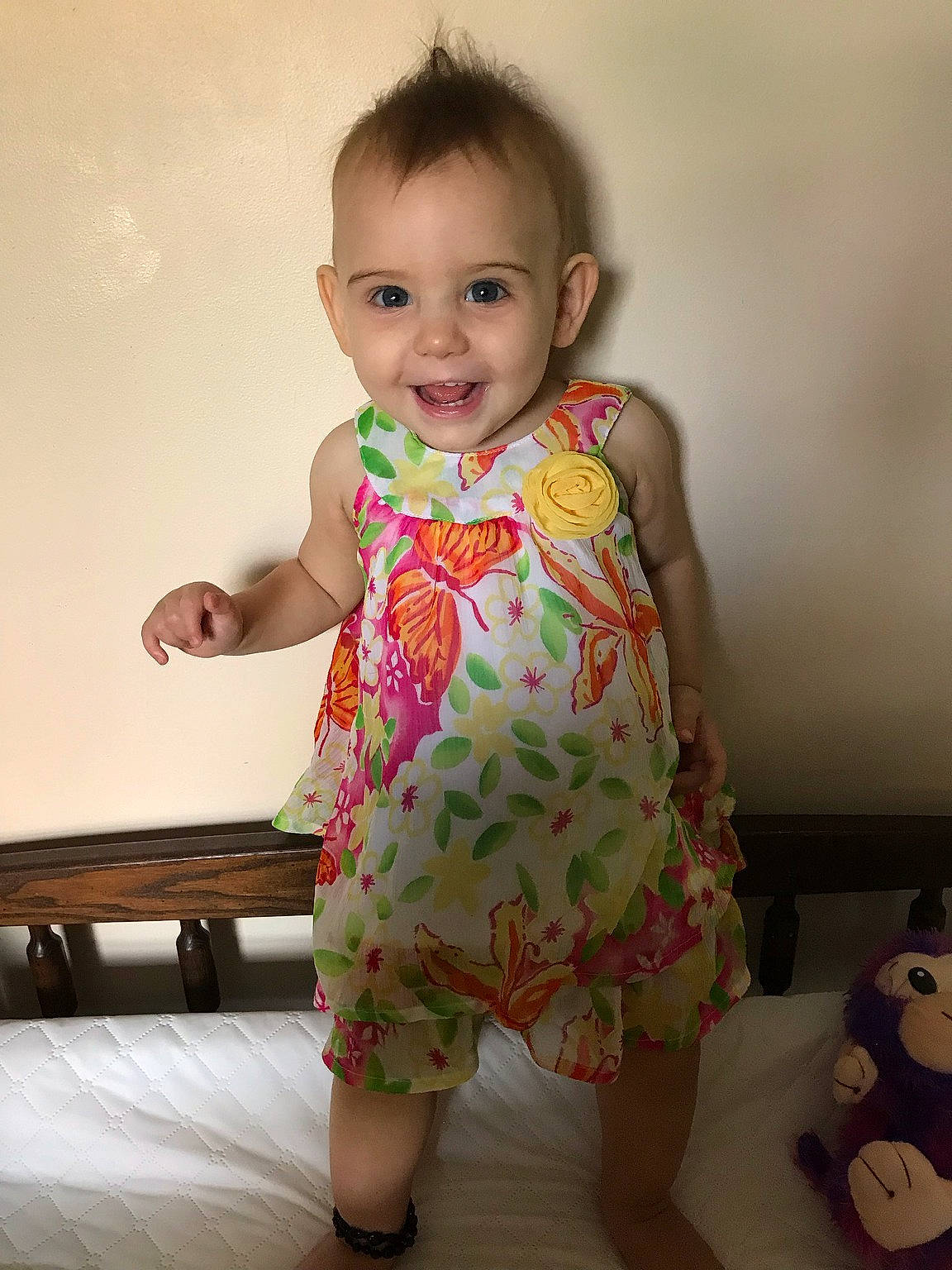 Monika is registered to the contest to win money with this photo: baby, baby_toddler_clothing, beauty, cheek, child, daughter, dress, joy, leg, person, pink, play, room, sitting, skin, smile, standing, toddler, yellow