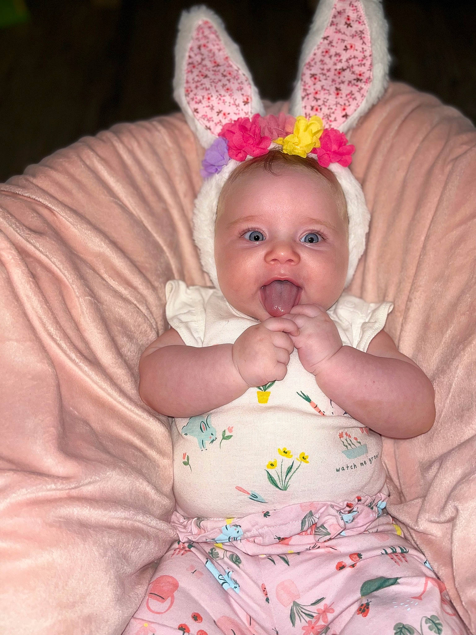Brinley is registered to the contest to win money with this photo: baby, baby_toddler_clothing, child, comfort, costume_hat, face, facial_expression, fun, happy, head, headgear, holiday, human_body, mythical_creature, party_supply, person, pink, skin, smile, textile