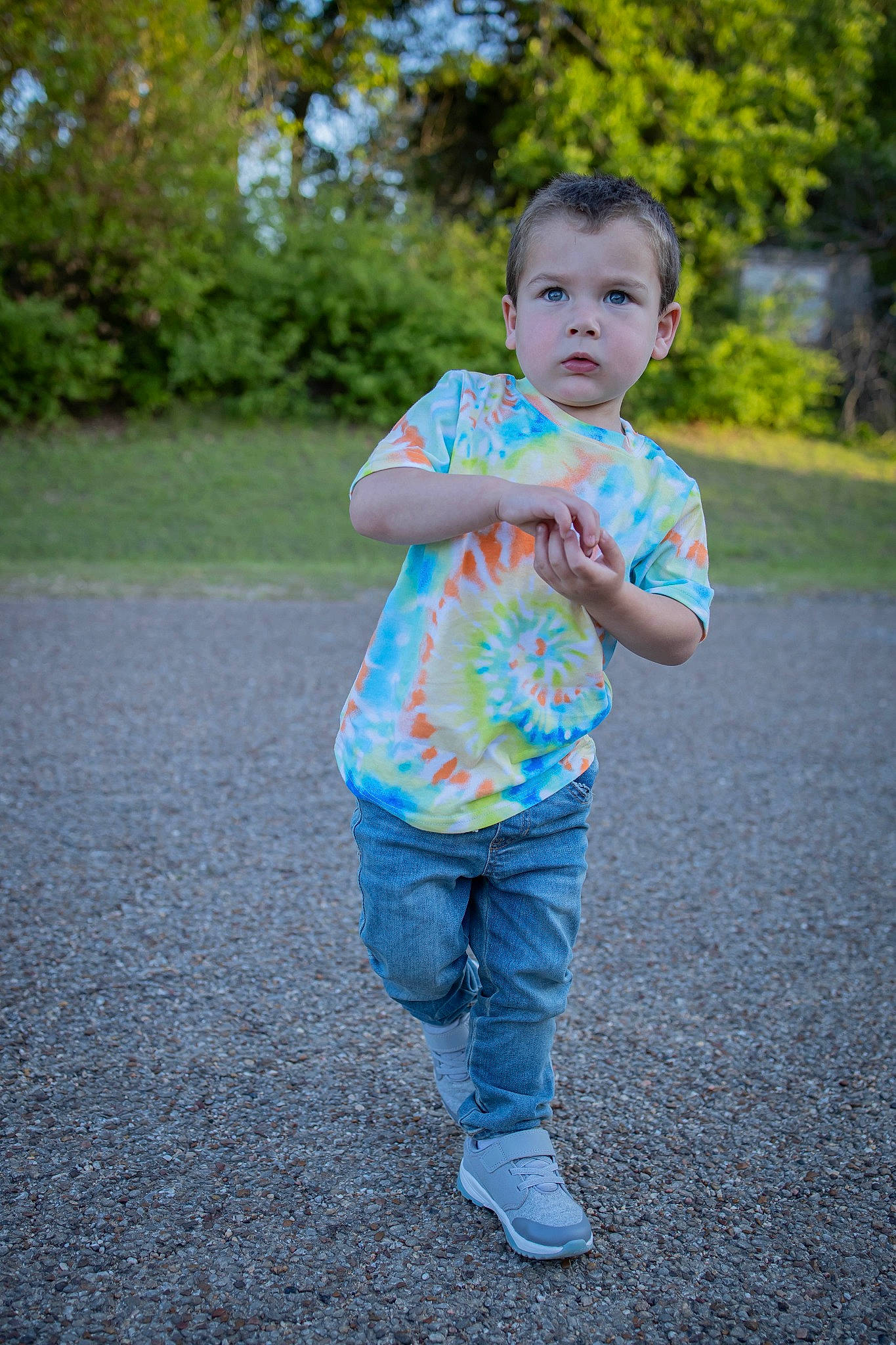 Tripp joined the competition — help win amazing prizes! asphalt, baby_toddler_clothing, botany, child, denim, fun, gesture, grass, happy, leaf, leisure, people_in_nature, person, plant, recreation, road_surface, shorts, sleeve, t_shirt, toddler
