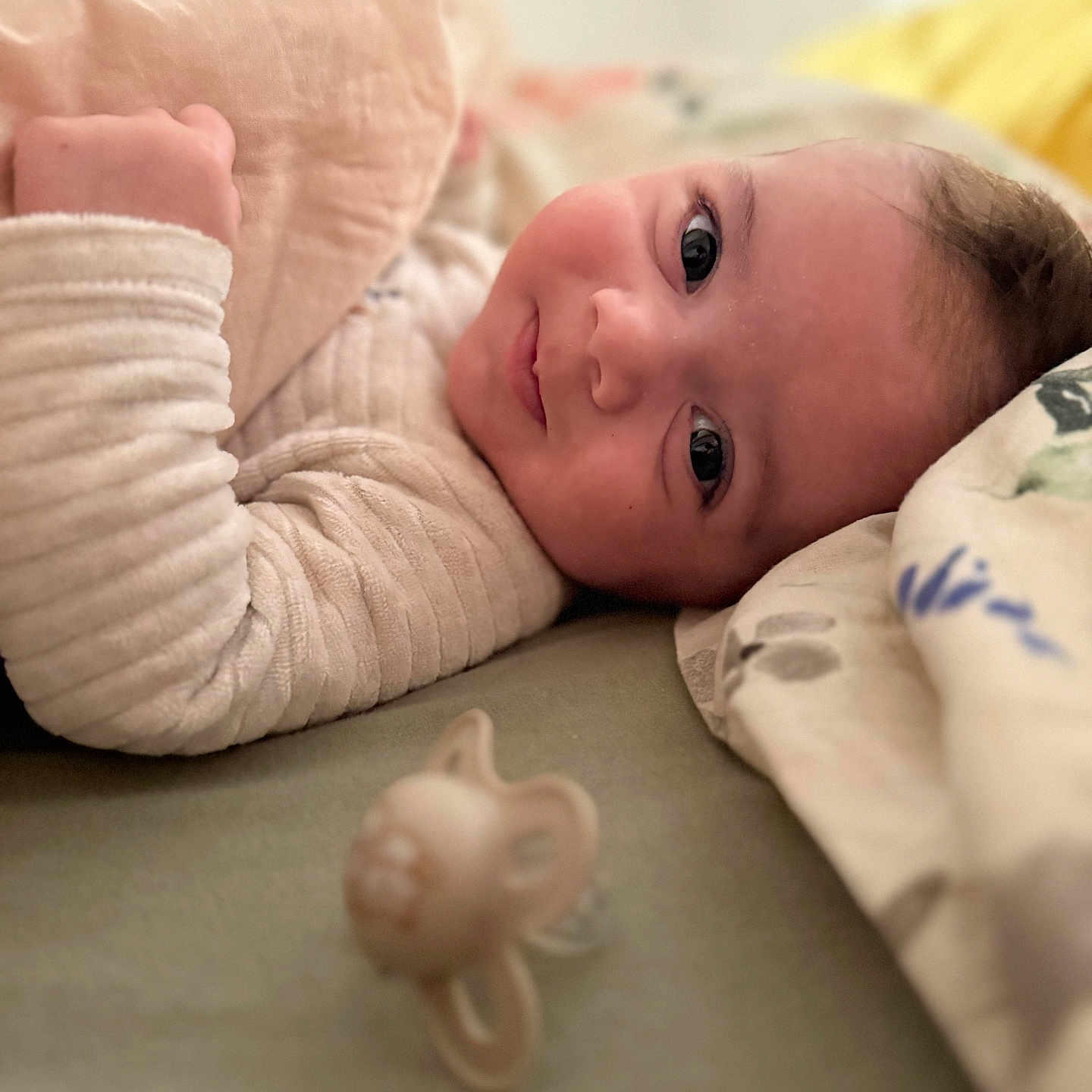 Alban participe au concours pour gagner de l'argent avec cette photo : baby, infant, lying_down, blanket, pacifier, bed, soft_lighting, indoor, portrait, face, cute, child, clothing, comfort, resting, closeup, expression, warm, peaceful, young