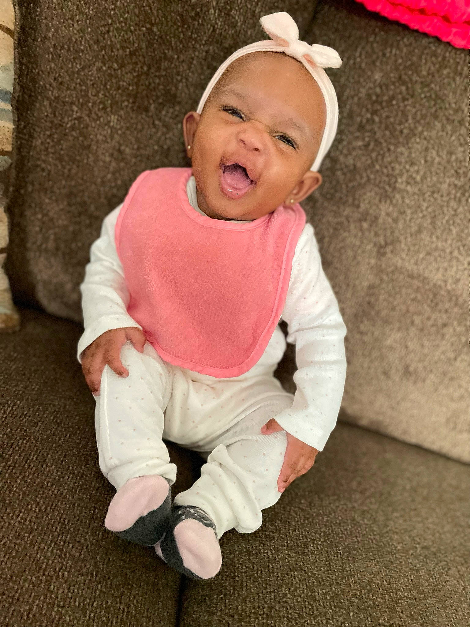 Kaylani Amil joined the competition — help win amazing prizes! baby, baby_toddler_clothing, cheek, child, comfort, costume_hat, eye, face, flooring, fun, fur, grass, happy, laugh, person, sitting, skin, sleeve, smile, toddler