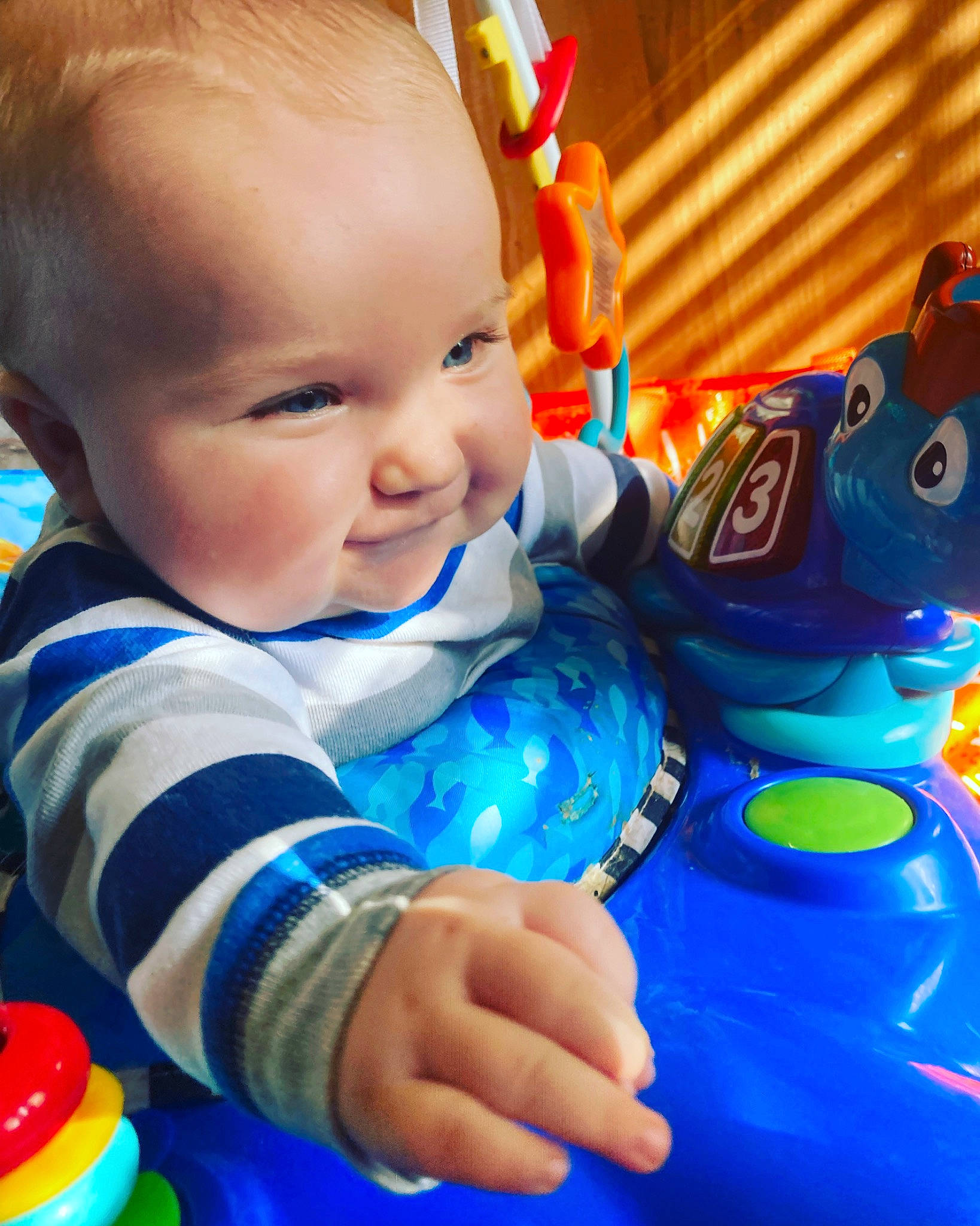 Jacob joined the competition — help win amazing prizes! baby, baby_playing_with_toys, baby_toddler_clothing, beauty, blue, cheek, child, facial_expression, finger, fun, happy, iris, leisure, mouth, nose, organ, person, skin, smile, standing