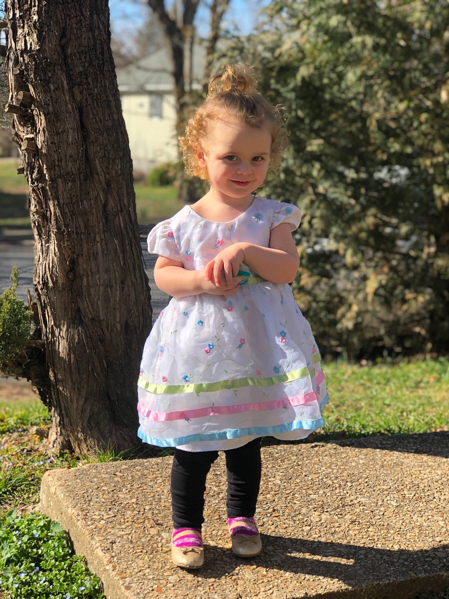 Harper joined the competition — help win amazing prizes! child, child_model, clothing, dress, footwear, pattern, person, pink, play, shoe, smile, toddler, tree