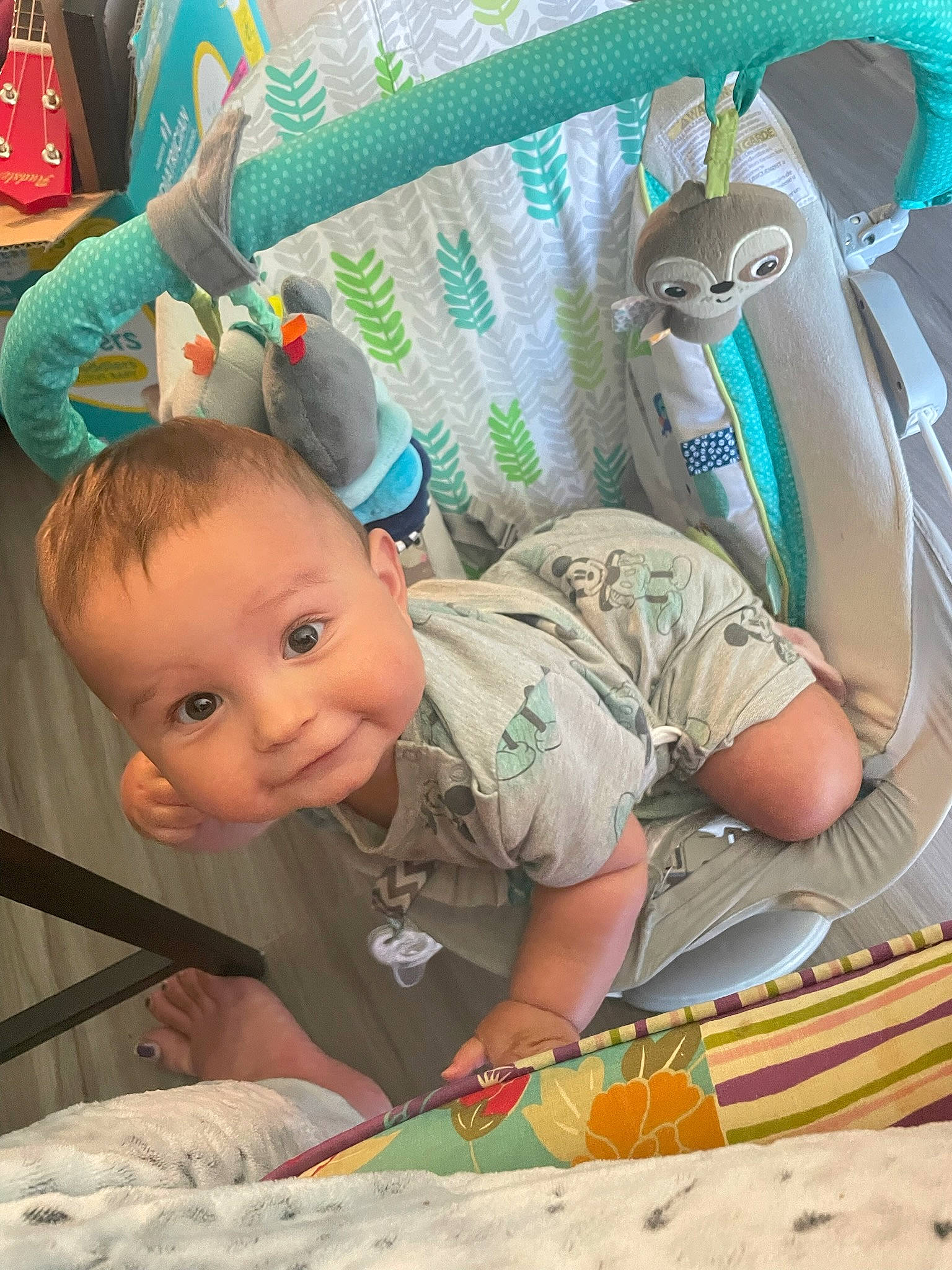 Ocean is registered to the contest to win money with this photo: baby, baby_products, baby_toddler_clothing, baby_toys, bag, child, comfort, fun, green, happy, leisure, luggage_and_bags, pattern, person, play, room, sitting, t_shirt, toddler, vacation