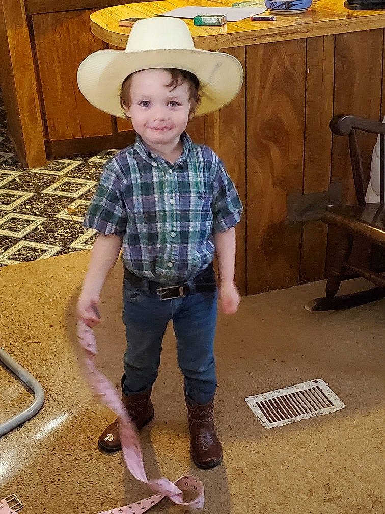 Landon joined the competition — help win amazing prizes! child, cowboy_hat, denim, dress_shirt, face, flooring, happy, hat, head, jeans, joy, pattern, person, plaid, sleeve, smile, standing, sun_hat, t_shirt, toddler